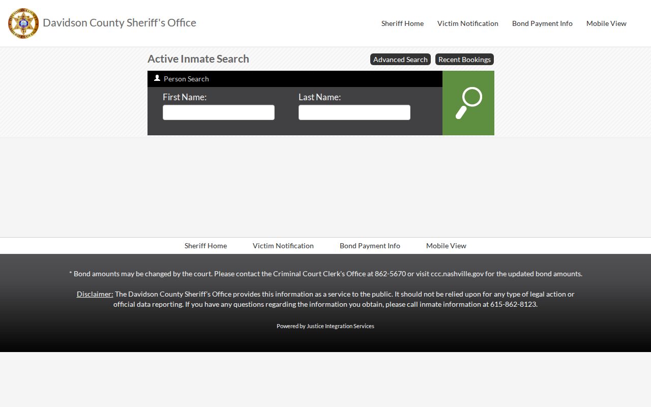 Davidson County resident lookup active inmate search fields